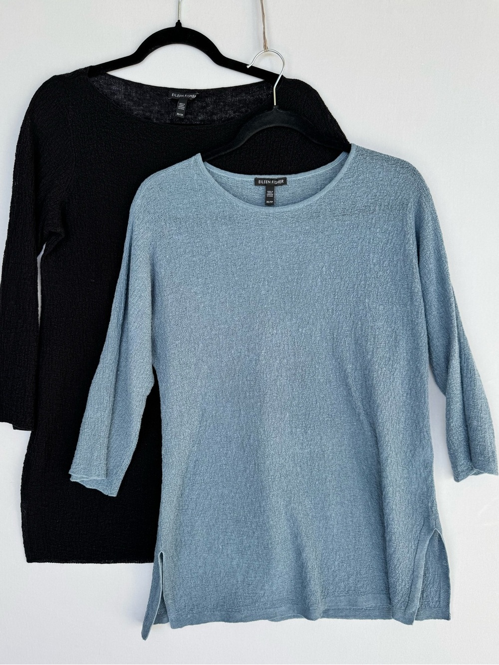 Eileen Fisher 100% Organic Linen Black & Light Blue Crewneck Knit Tunics